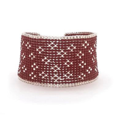 Brazalete Telar Plata Grueso Miniflor Rojo